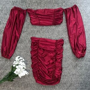 Elegant Burgundy Ruched Off Shoulder Top And Skirt Set